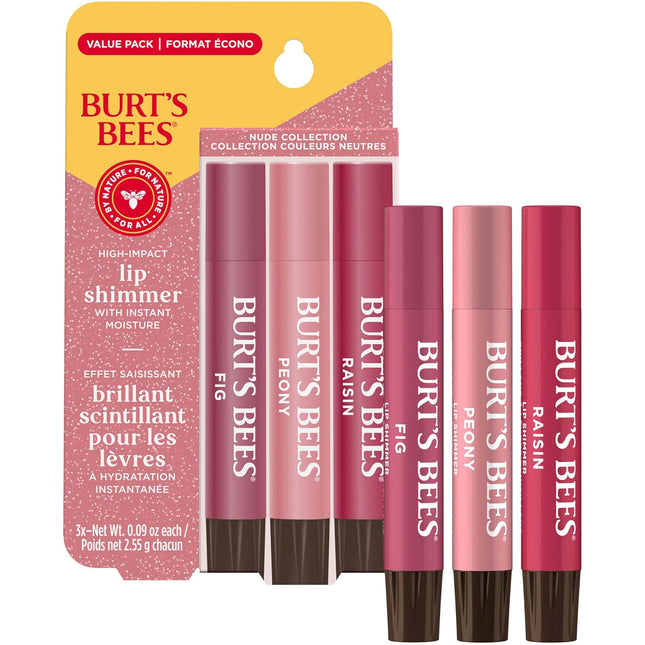 Lip Shimmer Nude Collection, Tinted Lip Balm Stick, Moisturizing for All Day Hydration with Natural Glowy Pigmented Finish & Buildable Color, 3 Warm Shades, Value Pack, 0.09 Oz., Three Tubes
