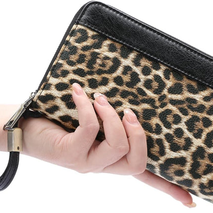 Women'S Wallet Large Capacity Double Zip Ladies Card Phone Holder RFID Blocking Wristlet Leather