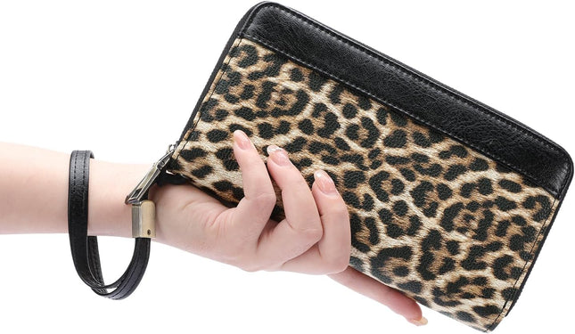 Women'S Wallet Large Capacity Double Zip Ladies Card Phone Holder RFID Blocking Wristlet Leather