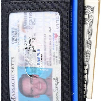 Slim Minimalist Front Pocket RFID Blocking Leather Wallets for Men and Women - Carbon Fiber Black