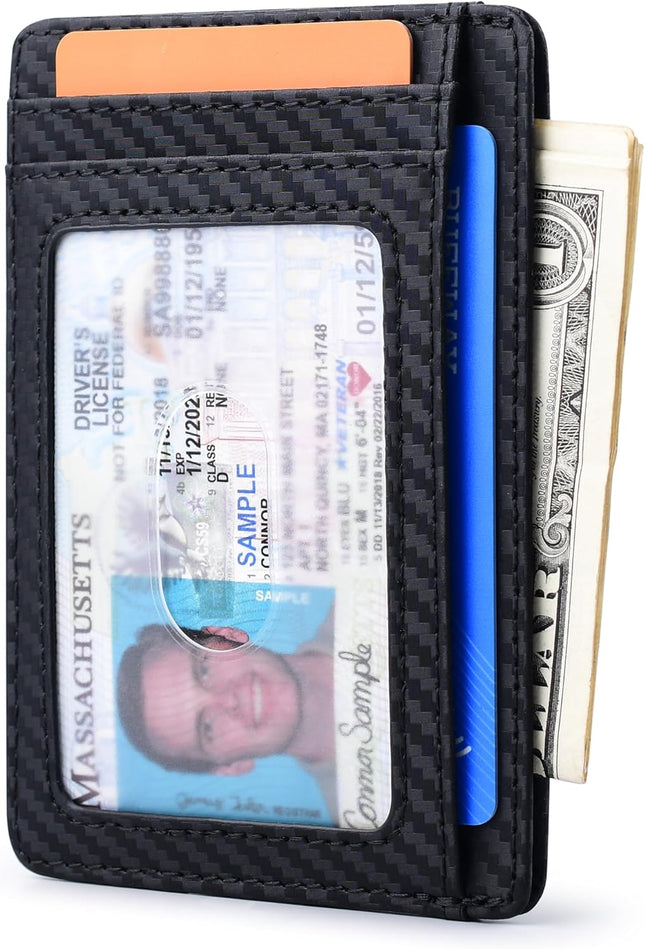 Slim Minimalist Front Pocket RFID Blocking Leather Wallets for Men and Women - Carbon Fiber Black