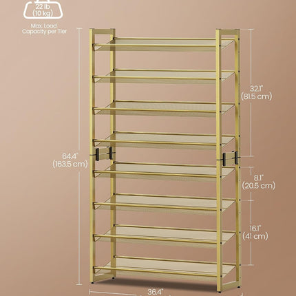 SONGMICS Shoe Rack, 8-Tier Shoe Organizer, Metal Rack for Garage, Set of 2, 4-Tier Stackable Shelf, with Adjustable Flat or Angled Shelves, 32-40 Pairs, Pale Gold ULMR08A02