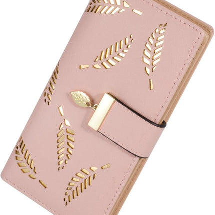 Women'S Long Leaf Bifold Wallet Leather Card Holder Purse Zipper Buckle Elegant Clutch Wallet Handbag for Women - Pink