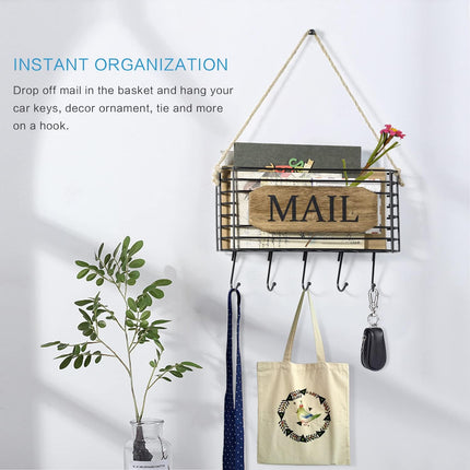 Mail Organizer Wall Mount, Rustic Mail Holder Key Holder for Wall with Hooks, Small Size, Carbonized Black