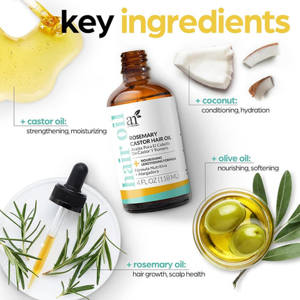 Organic Rosemary Castor Hair Growth Tonic Oil + Massager Hair Regrowth Set, 4 Oz with Coconut & Olive Oil, Scalp Treatment for Dry, Damaged & Split Ends