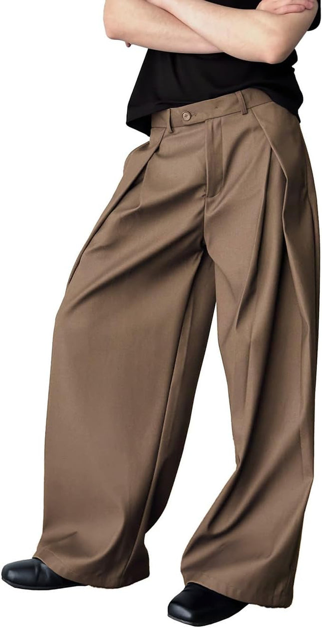 Men'S Baggy Wide Leg Pants Zipper Fly Pleated Trousers Casual Dress Pants with Pocket