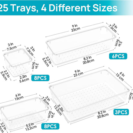 25 PCS Clear Plastic Drawer Organizers Set, 4-Size Versatile Bathroom and Vanity Drawer Organizer Trays, Storage Bins for Makeup, Bedroom, Kitchen Gadgets Utensils and Office