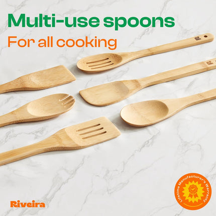 Bamboo Cooking Spoons 6-Piece – Wooden Cooking Utensils Set with Wooden Spoons for Cooking & Spatulas Wooden Utensil Sets – Premium Kitchen Utensils Set – Durable First Apartment Essentials