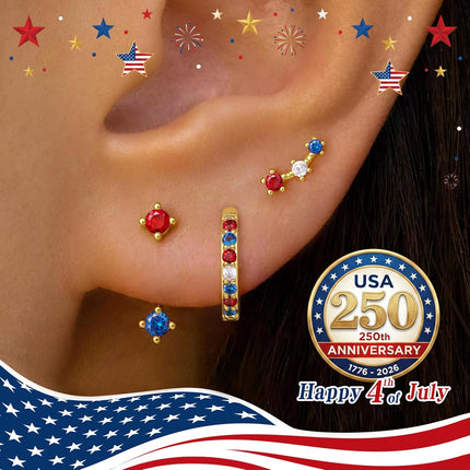 3 Pairs Dainty Small 4Th of July Earrings for Women Trendy, Birthstone Stud Huggie Hoop Jacket Stack for Cartilage Helix, Gold Plated Hypoallergenic Cute Women Fashion Accessories Western Jewelry Gifts