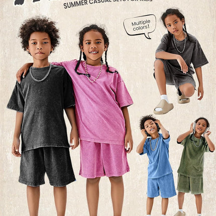 Boys Summer Outfits Acid Wash Short Sets 2 Piece Matching Clothes Set | Soft Cotton,Acid Wash,Relaxed Tee & Drawstring Shorts Set,Casual Streetwear