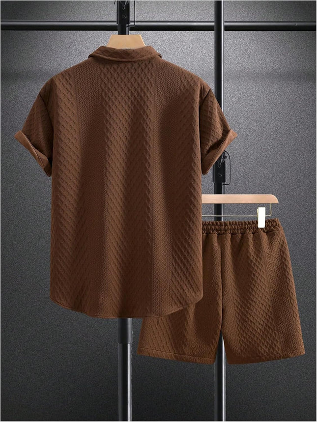 Men'S 2 Piece Outfits Waffle Knit Button down Shirt Top and Shorts Set