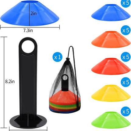 25/50/100Pcs Disc Cones, Agility Soccer Cones with Carry Bag and Holder, 5 Color | for Sports Training, Football, Soccer, Basketball, Coaching, Practice Equipment