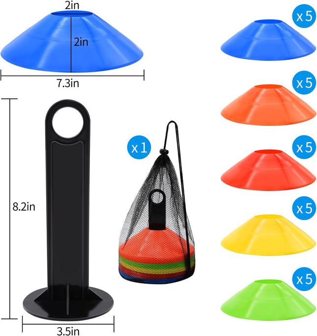 25/50/100Pcs Disc Cones, Agility Soccer Cones with Carry Bag and Holder, 5 Color | for Sports Training, Football, Soccer, Basketball, Coaching, Practice Equipment
