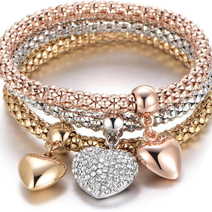 Crystal Charms Multilayer Bracelets - 3PCS Gold/Silver/Rose Gold Corn Chain Bracelet for Women, Tree of Life Heart Shaped Stretch Bracelet