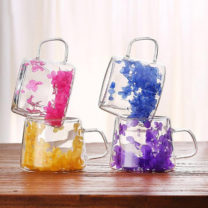 Double Walled Glass Cups 200Ml/6.8Oz, Floral Design with Handle