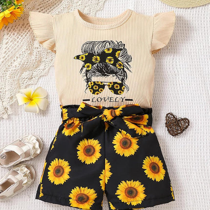 Kid Toddler Girl Clothes Summer Ruffle Sleeve Figure Graphic Shirt + Shorts Summer Outfits Set