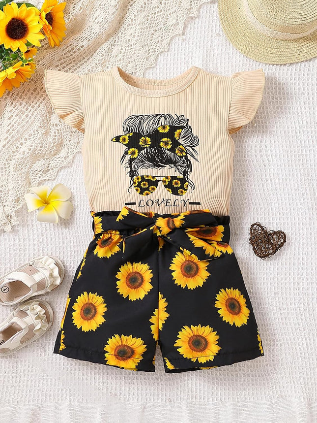 Kid Toddler Girl Clothes Summer Ruffle Sleeve Figure Graphic Shirt + Shorts Summer Outfits Set