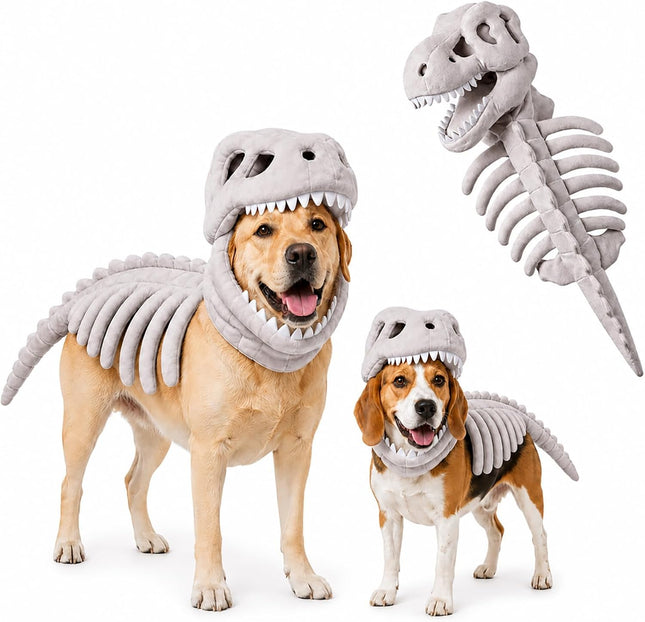 Dog Dinosaur Skeleton Costume, Pet Halloween Party Costumes (Grey | 34In)