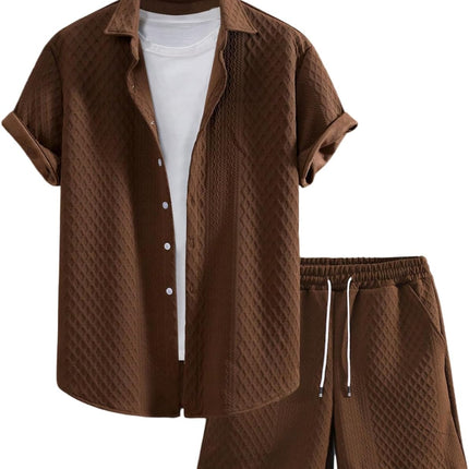 Men'S 2 Piece Outfits Waffle Knit Button down Shirt Top and Shorts Set
