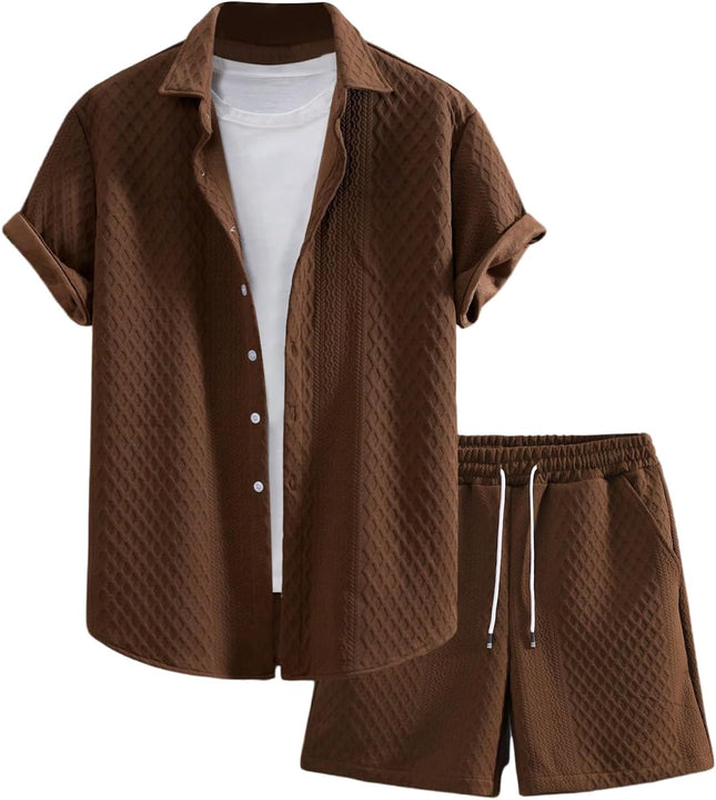 Men'S 2 Piece Outfits Waffle Knit Button down Shirt Top and Shorts Set
