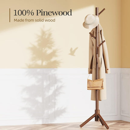 Solid Wooden Coat Rack Freestanding, Hall Tree with 8 Hooks, 3 Height Options for Coats, Hats, Handbags, and Scarves, Tool-Free Assembly, Space Saving Design for Entryway, Office, Bedroom
