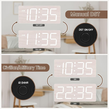 Wooden Digital Alarm Clock for Bedroom with Large Numbers | Desk Clock for Living Room Office, Loud Alarm for Heavy Sleepers Adults, Volume Control, Dimmer, DST, Wood Decor (Plug-In)