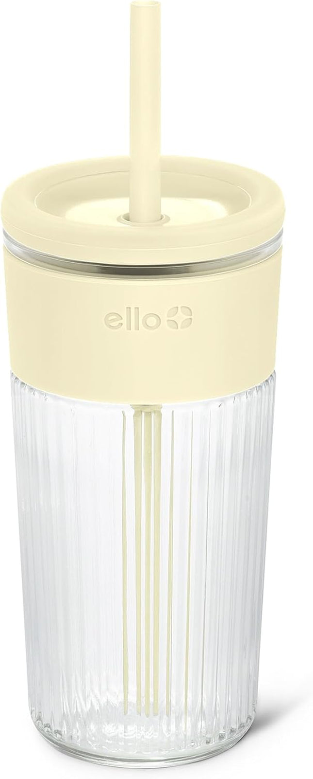 Ava 18Oz Glass Tumbler with Straw and Lid | Premium Ribbed Glass with Silicone Grip, Car Cup Friendly, Dishwasher Safe, BPA Free | Iced Coffee, Water, Matcha, Juice Cup | Butter Yw