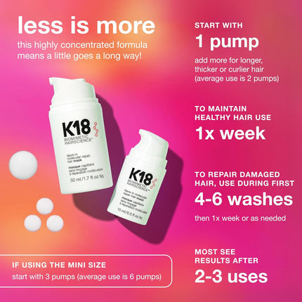 K18 Leave-In Molecular Repair Hair Mask, Patented, Lasting Repair for Dry, Frizzy, Damaged Hair, Reverse Damage in 4 Minutes from Bleach, Color, Chemical Services + Heat