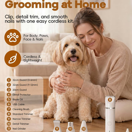 Dog Clippers Grooming Kit Hair Clipper-Low Noise Paw Trimmer- Rechargeable - Cordless Quiet Nail Grinder Shaver for Cats and Other Pets
