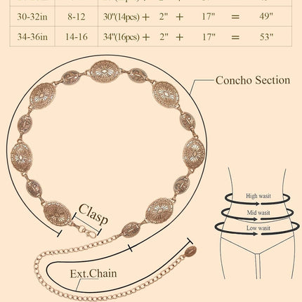 Western Metal Concho Belt for Women Cowgirl Chain Belts for Dresses Jeans Country Concert Outfit