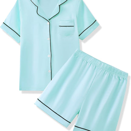 Girls Pajamas 2 Piece Summer Soft Silk Satin Short Sleeve Pajama Set Cute Pjs Sleepwear for Kids Size 6-16 Years