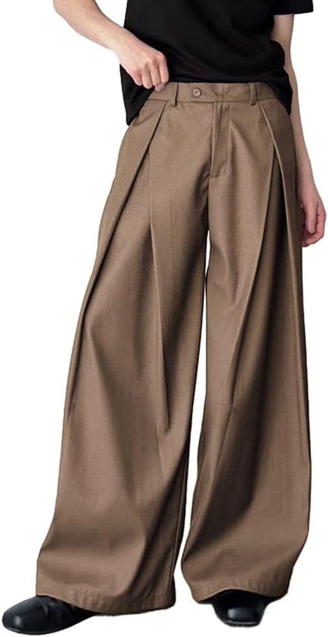 Men'S Baggy Wide Leg Pants Zipper Fly Pleated Trousers Casual Dress Pants with Pocket