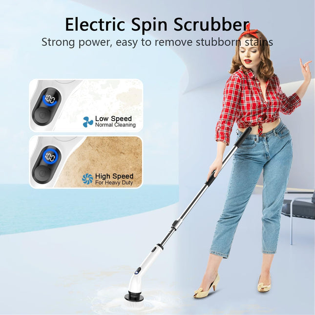 Electric Spin Scrubber, Full-Body IPX7 Waterproof Bathroom Scrubber with Power LCD Display, Adjustable Extension Handle, Cordless Shower Cleaner Brush for Bathtub Kitchen Wall Cleaning