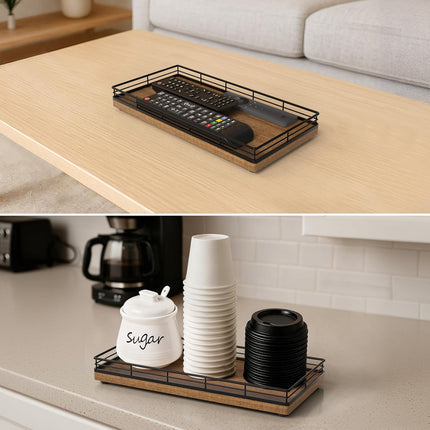 Bathroom Vanity Tray for Countertop, 12" X 6" Acacia Wood Toilet Tank Tray | Metal Guardrail, Bathroom Organizer for Soap, Perfume & Skincare, Non-Slip Decorative Tray for Dresser, Black & Acacia