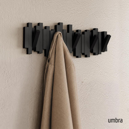 Sticks Wall Mount Coat Rack, 5 Hook Retractable Pegs, Black | Mounting Hardware Included, Sculptural Modern Design, Entryway or Bedroom Use, Recycled Plastic