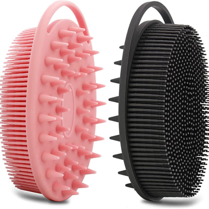 2 Pack Silicone Body Scrubber, Loofah Double-Sided Body Brush,Shower Scrubber and Scalp Massager Shampoo Brush for Sensitive Kids Women Men All Kinds of Skin (Black & Pink)