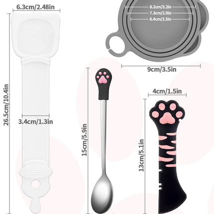 5 PCS Cat Food Can Covers Lids Set, Silicone Pet Food Can Lids with Multi-Function Cat Food Spoon and Opener, Cat Bar Squeezer, Stainless Steel Wet Food Spoon for Cats and Dogs (Pink) (Black Pink)