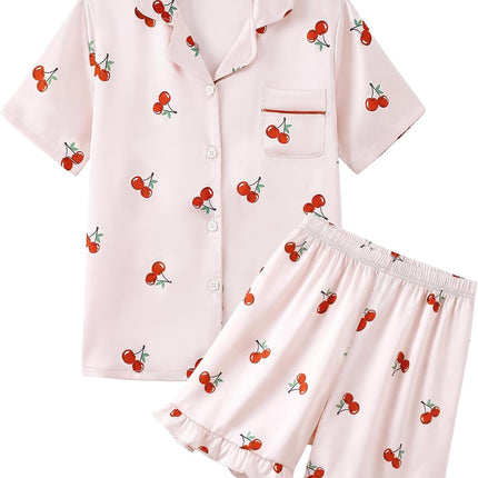 Girls Pajamas 2 Piece Summer Soft Silk Satin Short Sleeve Pajama Set Cute Pjs Sleepwear for Kids Size 6-16 Years