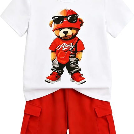 Boys' 2-Piece Summer Outfit Short Sleeve Graphic T-Shirt and Cargo Shorts Set Toddler to Big Kid Size 5-10