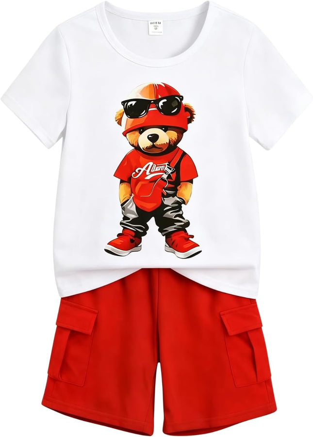 Boys' 2-Piece Summer Outfit Short Sleeve Graphic T-Shirt and Cargo Shorts Set Toddler to Big Kid Size 5-10