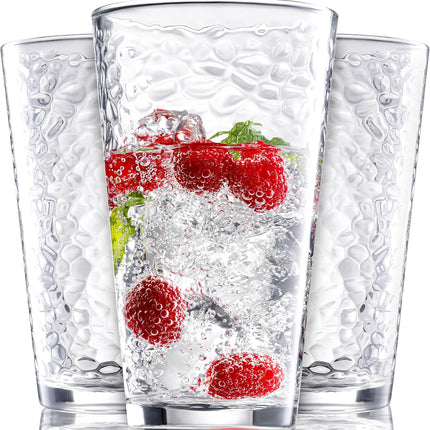 Set of 10 Hammered Glass Cups, Clear Heavy Base Drinking Glasses | 16Oz, Stackable, Durable, Dishwasher Safe, Freezer Safe, Non Slip, 100% Food Grade, BPA Free, Secure Packaging, Eco-Friendly