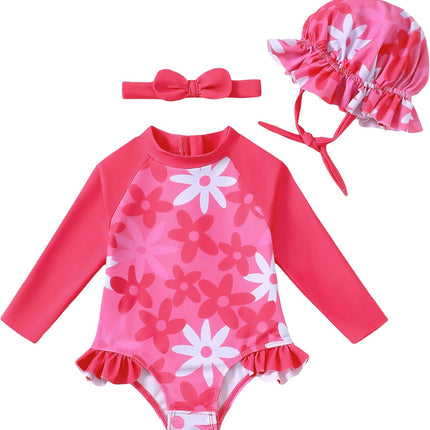 Baby Girl Swimsuit Long Sleeve One-Piece Swimwear with Hat Rash Guard Ruffle Floral Zipper Beach Infant Bathing Suit