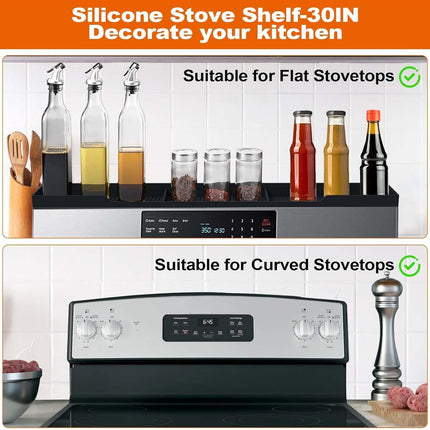 Stove Top Shelf 30 Inch - Silicone Material Magnetic Shelf for Stove - 3 Functional Partitions Kitchen Spice Rack Organizer-Black,Kitchen Gadgets Storage Organization