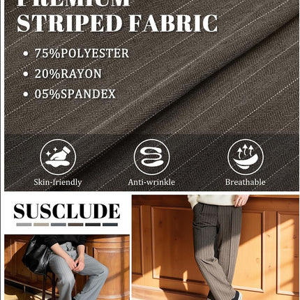 Mens Pinstripe Casual Dress Pants Old Money Wide Leg Baggy Pleated Slacks Elastic Wasist Loose Fit Work Trousers