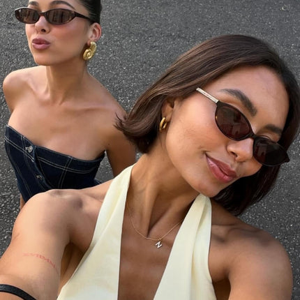 Retro Oval Sunglasses for Women Chic Cat Eye 90S Sunnies Lightweight Narrow Shades Trendy UV Protection Sun Glasses