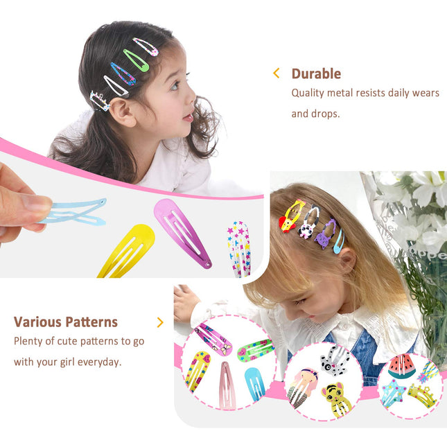 Hair Clips for Girls,100 Pcs No Slip Metal Snap, Barrettes for Kids Teens Women, Cute Candy Color Cartoon Design Hair Pins (Animals Fruits Crowns Stars)
