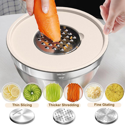 Mixing Bowls with Airtight Lids Set, 8PCS Stainless Steel Nesting Bowls with Grater Attachments, Non-Slip Bottoms, 5, 4, 3.5, 2, 1.5QT for Mixing & Serving