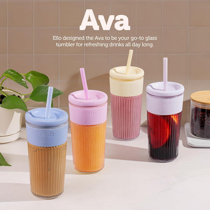 Ava 18Oz Glass Tumbler with Straw and Lid | Premium Ribbed Glass with Silicone Grip, Car Cup Friendly, Dishwasher Safe, BPA Free | Iced Coffee, Water, Matcha, Juice Cup | Butter Yw