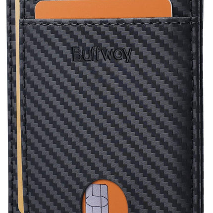 Slim Minimalist Front Pocket RFID Blocking Leather Wallets for Men and Women - Carbon Fiber Black