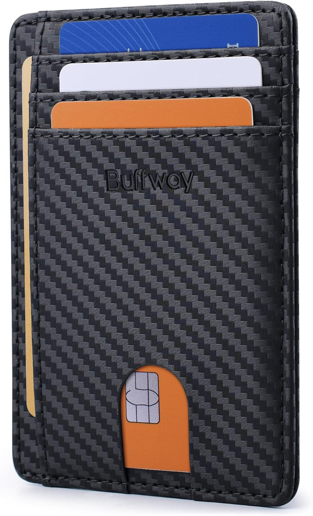 Slim Minimalist Front Pocket RFID Blocking Leather Wallets for Men and Women - Carbon Fiber Black
